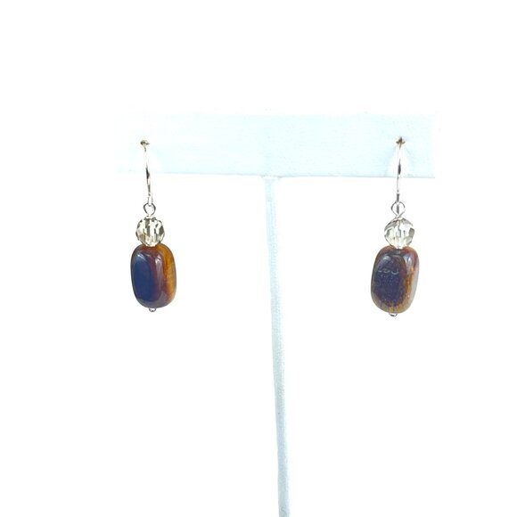 Tiger Eye & Crystal Bead Dangle Earrings With Silver Hooks - Picture 5 of 5